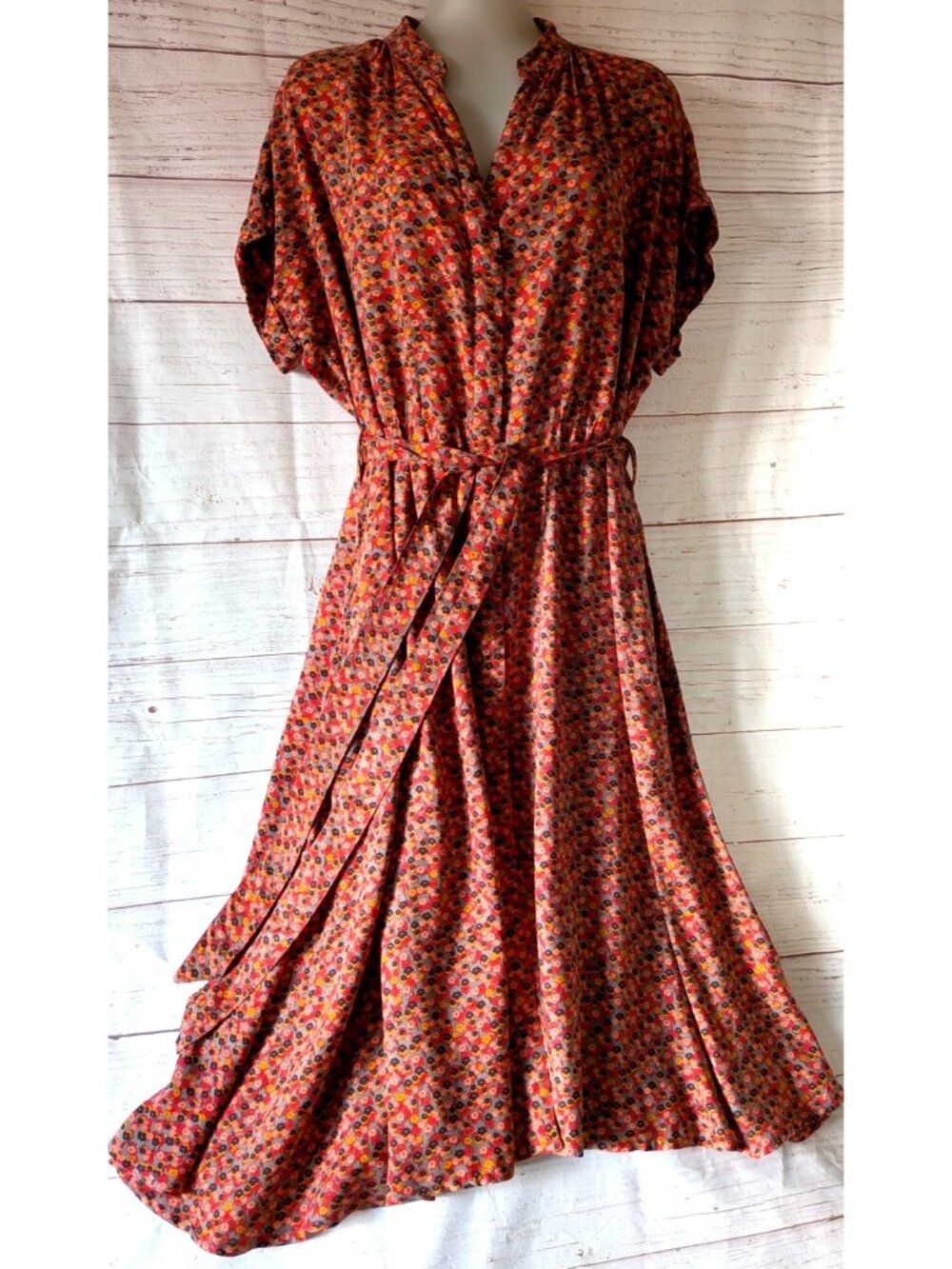 Alchemy Dress Button Front Red Gray Rayon Below Knee Drop Shoulder Fit&Flare L